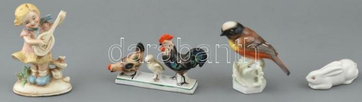 4 db figurális porcelánok. (nyuszi, madár, baromfi udvar, gitározó lány) Jelzett. Kopott, sérült. m: 3 és 11 cm között