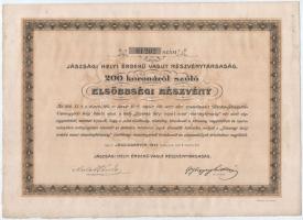 Jászladány 1911. "Jászsági Helyi Érdekű Vasút Részvénytársaság" elsőbbségi részvénye 200K-...