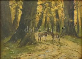 Németh György (1888-1962): Téli erdő őzekkel. Olaj, falemez, jelzett. Dekoratív üvegezett fa keretben, sérült keret. 17,5×24,5 cm