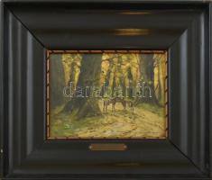 Németh György (1888-1962): Téli erdő őzekkel. Olaj, falemez, jelzett. Dekoratív üvegezett fa keretbe...