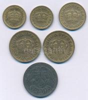 Jugoszlávia 1938. 50p Al-Br (2x) + 1938. 1D Al-Br + 1938. 2D Al-Br (2x) + Szerbia 1943. 10D Zn T:2-,...