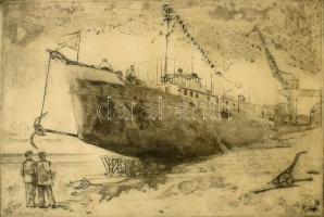 Kondor Lajos (1926-2006): Hajógyártás. Rézkarc, papír, jelzett, üvegezett fa keretben, 19,5x29 cm Keret külső mérete: 46,5x65,5cm