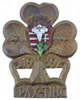 1939. I. PAX-TING Magyar Cserkészlány Szövetség zománcozott Cu jelvénye a magyarországi világtalálkozó alkalmára (47x37mm) T:1-,2 / Hungary 1939. I. PAX-TING Association of Hungarian Girl Guides enamelled Cu badge for the Girl Scout World Camp held in Hungary (47x37mm) C:AU,XF