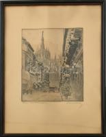 Krón Béla (1884-1965): Corso Vittorio Emanuele (Milánó). Rézkarc, papír, jelzett, lap kissé foltos, hullámos, üvegezett fa keretben, 28×22 cm
