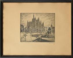 Krón Béla (1884-1965): Duomo di Milano. Rézkarc, papír, jelzett, lap kissé foltos, üvegezett fa keretben, 18,5×25 cm