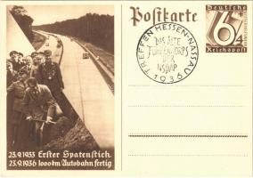 1933 Erster Spatenstich - 1936 1000 km Autobahn fertig / 1933 First Groundbreaking - 1936 1000 km highway completed. Adolf Hitler, NSDAP German Nazi Party propaganda. 6+4 Ga. + "Das alte Führerkorps der NSDAP Treffen Hessen-Nassau 1936" So. Stpl. (Rb)