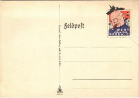 Feldpost Wert keinen Pfennig Entwurf Heinz Fehling / WWII German military field postcard, humour, Winston Churchill. Ashelm 3503-25. Bild 2. (felületi sérülés / surface damage)