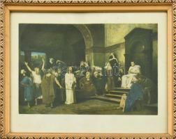 Képkeret kopott Munkácsy Mihály: Krisztus Pilátus előtt nyomattal, belső: 24×30,5 cm, külső: 26,5×33 cm