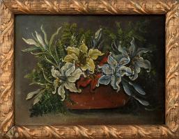 Jelzés nélkül: Csendélet. Olaj, karton, 24x34cm, Korabeli szecessziós kopott sérült keretben