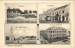 1912 Belényes, Beius; Közkórház, Erzsébet tér, Görög katolikus templom, állami polgári leányiskola, fényképész, fodrász, üzletek / hospital, church, girl school, square, shops. Art Nouveau (EK)