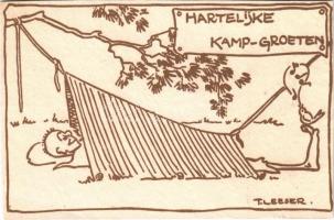 Hartelijke Kamp-Groeten. De Nederlandsche Padvinders / Dutch boy scout art postcard s: T. Leeser (vágott / cut)