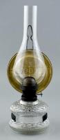 Lampart üveg petróleumlámpa, részben felújított fém tálcával, m: 35 cm