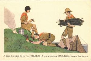 A tous les ages de la vie, lHemostyl du Docteur Roussel donne des forces / French boy scout art postcard with Hemostyl advertisement