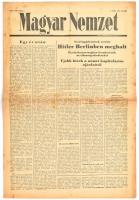 1945. május 1. Magyar Nemzet háború utáni újraindulást követő 1. száma, címlapon Hitler haláláról szóló cikkel