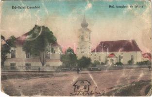 1916 Uzon, Usendorf, Ozun; Református templom és iskola. Fogyasztási Szövetkezet kiadása / Calvinist church and school + "KEZDI-VÁSÁRHELY - BRASSÓ 172. SZ." vasúti mozgóposta bélyegző (EM)