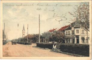 1913 Zsombolya, Hatzfeld, Jimbolia; Deák Ferenc utca, Római katolikus templom, üzlet. Photobromüra No. 200. / street view, Catholic church, shop (r)