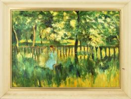 Jelzés nélkül: Lányok a kertben. Olaj, karton. Fa keretben. 50x70 cm