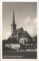 1940 Dés, Dej; Református templom, piac, kerékpár / Calvinist church, market, bicycle + "1940 Dés visszatért" So. Stpl.