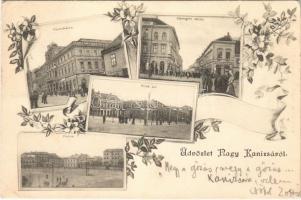 Nagykanizsa, Városháza, Csengeri utca, Deák tér, Fő tér, üzletek. Alt & Böhm kiadása. Art Nouveau, floral (ázott sarkak / wet corners)