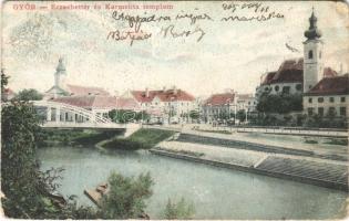 1905 Győr, Erzsébet tér, Karmelita templom, híd, Pannonia könyvnyomda (kopott sarkak / worn corners)