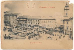 Pécs, Széchenyi tér, piac, üzletek. Fischer Ferenc kiadása (b)