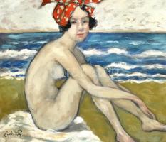Bednár János (1886-1932): Akt a tengerparton. Olaj, vászon, jelzett. Fa keretben, 60×70 cm