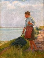 Mérő István (1888-1960): Lány a vízparton. Olaj, vászon, jelzett. Dekoratív, sérült keretben. 40x32 cm