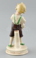 Kisfiú cicával, német porcelán figura, kézzel festett, jelzett, apró kopásokkal, m: 15,5 cm
