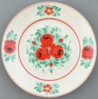 Hollóházi virágmintás falra akasztható porcelán tányér, kézzel festett, jelzett, hibátlan, d: 24 cm