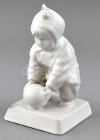 Zsolnay labdázó kisfiú, festetlen mázas porcelán, jelzett, apró kopásnyomokkal, vaspöttyökkel m: 13 cm