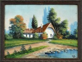 Glatz jelzéssel: Folyóparti ház. Olaj, karton. Üvegezett fa keretben, 24,5x32,5 cm