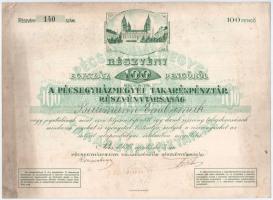 Pécs 1936. A Pécsegyházmegyei Takarékpénztár Részvénytársaság névre szóló részvénye, 100P-ről, szelvényekkel, szárazpecséttel T:II fo.