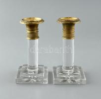 2 db réz és üveg elemekből álló gyertyatartó, kis csorbákkal, m: 15,5 cm