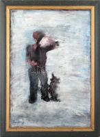 Olvashatatlan jelzéssel: Kutya gazdájával. Olaj, farost. Kopott fa keretben, 70×50 cm