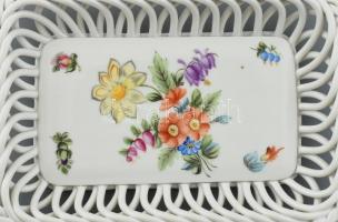 Herendi virágmintás porcelán fonott tál, jelzett, hibátlan, vaspötty 12x17,5 cm