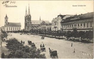 Békéscsaba, Szent István tér, templomok, lovashintók, Polgári leány iskola + "A POLG. ISK. TANÁRKÉPZŐ FŐISKOLA FÖLDRAJZI TANSZÉKE" bélyegző