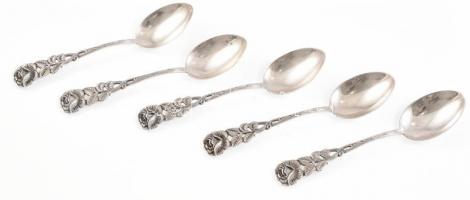 Ezüst(Ag) rózsás nyelű teáskanál, jelzett, 5 db, h: 12 cm, nettó: 75,3 g