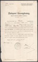 1912 Bp., Budapest székesfőváros által kiállított belépési bizonyítvány egyévi önkéntes jelöltek számára, izraelita vallású egyén számára