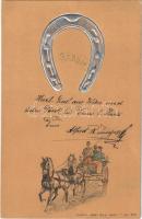 1901 Lady art postcard, horse-drawn carriage, horseshoe. Plentl Mary Mill Graz Nr. 200. Emb. litho