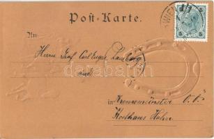 1901 Lady art postcard, horse-drawn carriage, horseshoe. Plentl "Mary Mill" Graz Nr. 200. ...