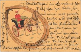 Lady art postcard, horse-drawn carriage. litho