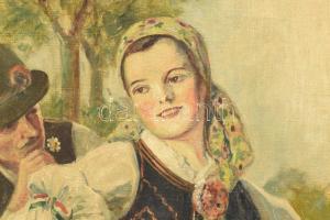 Geiger Richárd (1870-1945): Magyar menyecske nemzetiszínű szalaggal. Olaj, vászon, jelzett. Dekoratí...