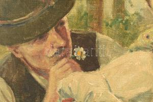 Geiger Richárd (1870-1945): Magyar menyecske nemzetiszínű szalaggal. Olaj, vászon, jelzett. Dekoratí...