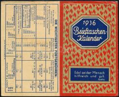 1936 Brieftaschenkalender, kinyitható kártyanaptár, hátoldalán a legfontosabb postaköltségekkel