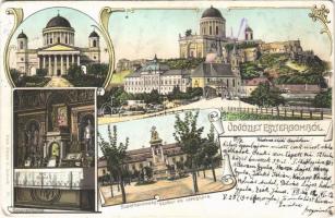 1901 Esztergom, Bazilika, Bakács kápolna belső, Szentháromság szobor, városháza. Fischer G. Art Nouveau, floral, litho (EK)