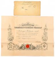 1887 felsőkéri Szobonya Kálmán gyógyszerész Természettudoományi Társulat tagsági oklevele, rajta Eötvös Lóránd fizikus, elnök autográf aláírásával hajtva, borítékban. 65x51 cm