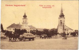 1907 Nagykőrös, Fő tér, evangélikus templom, áruszállító lovaskocsi. W.L. 279. (EK)