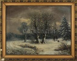 Duray (?) János jelzéssel: Vadászok kutyával. Olaj, vászon. Sérült fa keretben. Vászon hátoldalán Al...