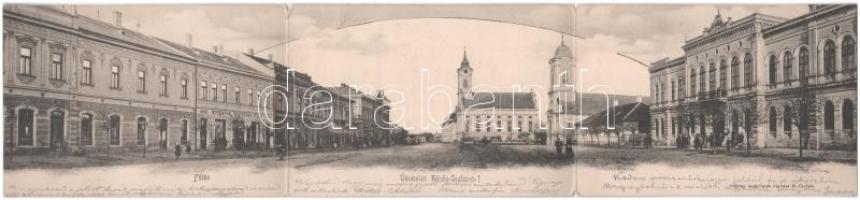 1902 Békéscsaba, Fő tér, templomok, Rosenthal testvérek utódai üzlete. 3-részes kihajtható panorámalap