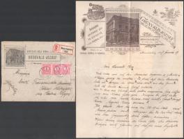 1897 Marosvásárhely, Grünvald József székelyföldi gazdasági gép- és géprészek raktára fejléces levélpapírjára írt levél, rajta az üzlet képével, fejléces borítékkal